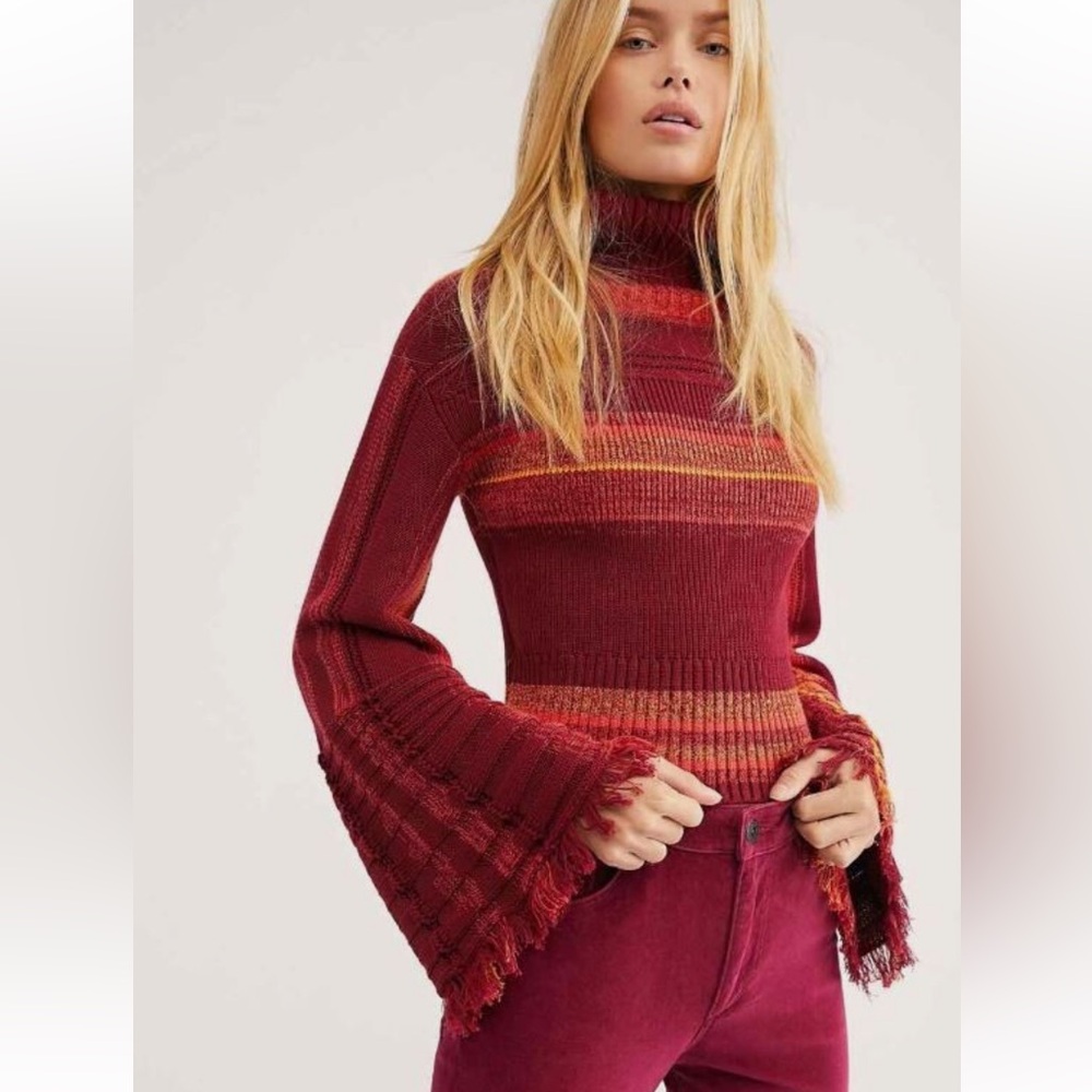 Free People Close To Me Pullover Sweater Small Red Berry Stripe Turtleneck